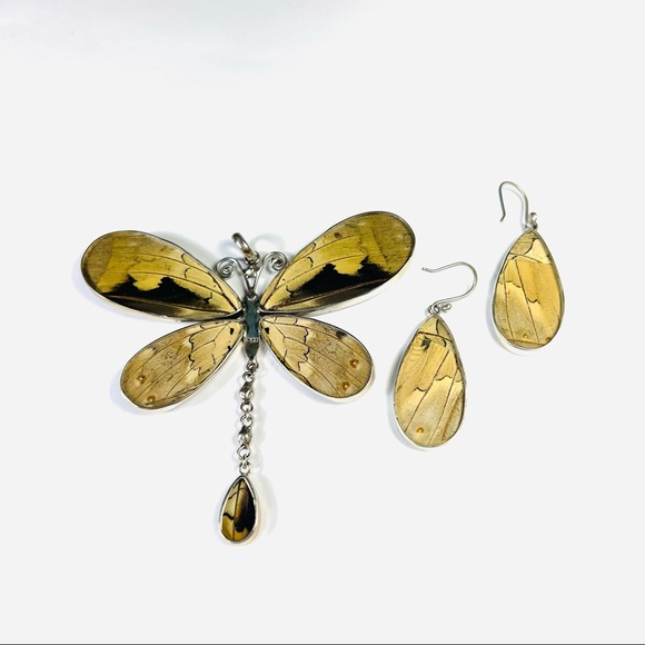 Super Pretty Real Blue Butterfly Sterling Silver Pendant and Earrings Set - Picture 3 of 9